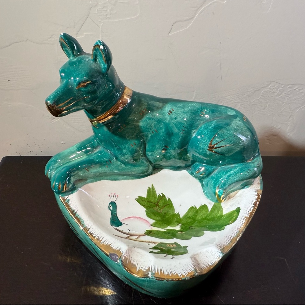 Vtg MCM H. Bequet Quaregnon Hand Painted Dog Trinket Dish Astray Peacock